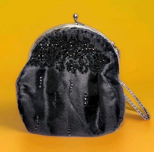 Silk Hand Sewn Beaded Handbag Evening After Five Black w Chain Kisslock VTG GUC! - Picture 1 of 12