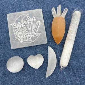 Satin Holm Selenit Kristall Ladeplatte Herz Mond Karotte Stab Kugel Set - Bild 1 von 1
