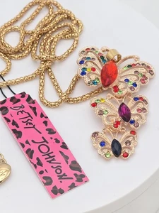 New! BETSEY JOHNSON Necklace Colorful Crystal Butterflies Pendant Gold Plate 28" - Picture 1 of 6