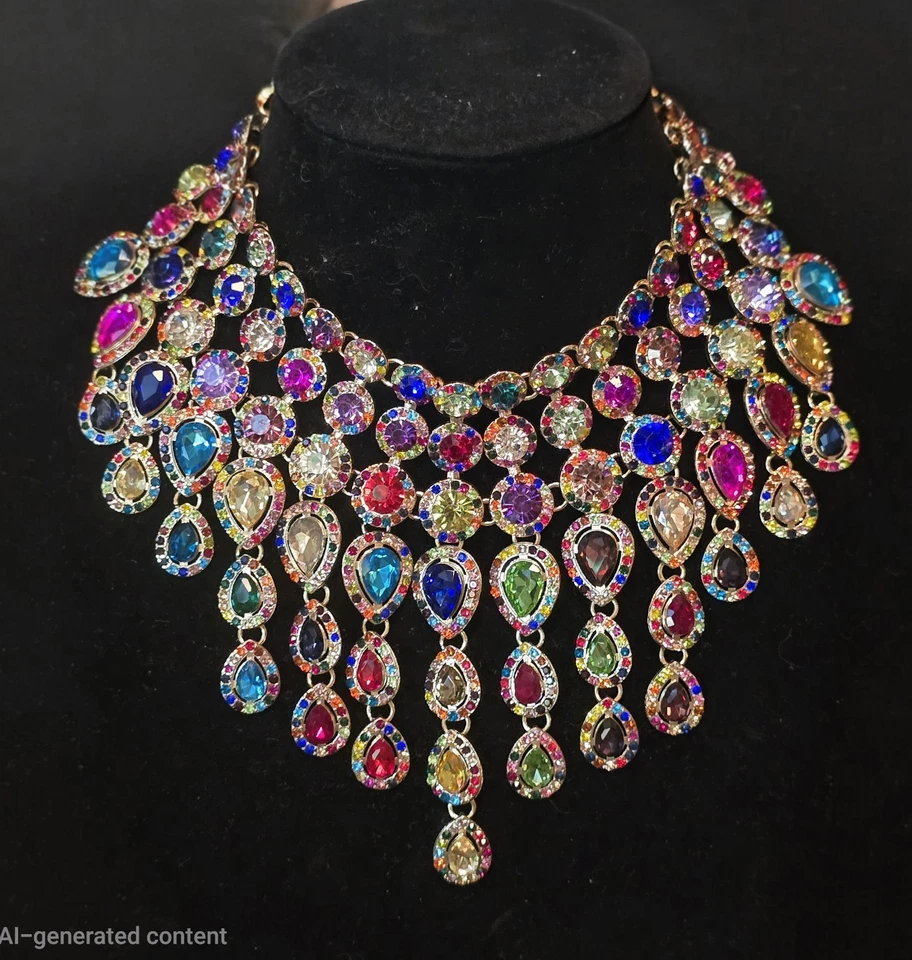 Natasha Couture Statement Bib Necklace Rainbow Crystal Teardrop Waterfall  - Image 1 of 4