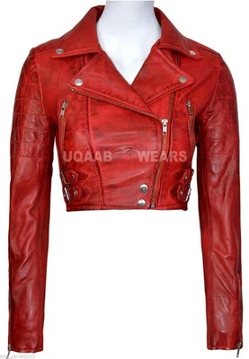Ladies Red Short Cropped Biker Real Leather Jacket Womens Moto Fitted Jacket - Image 1 of 4
