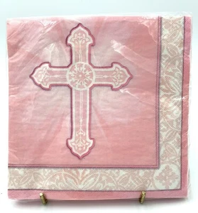 16 Count Luncheon Napkins Radiant Cross Pink Baptism 1st Communion Confirmation - Picture 1 of 2