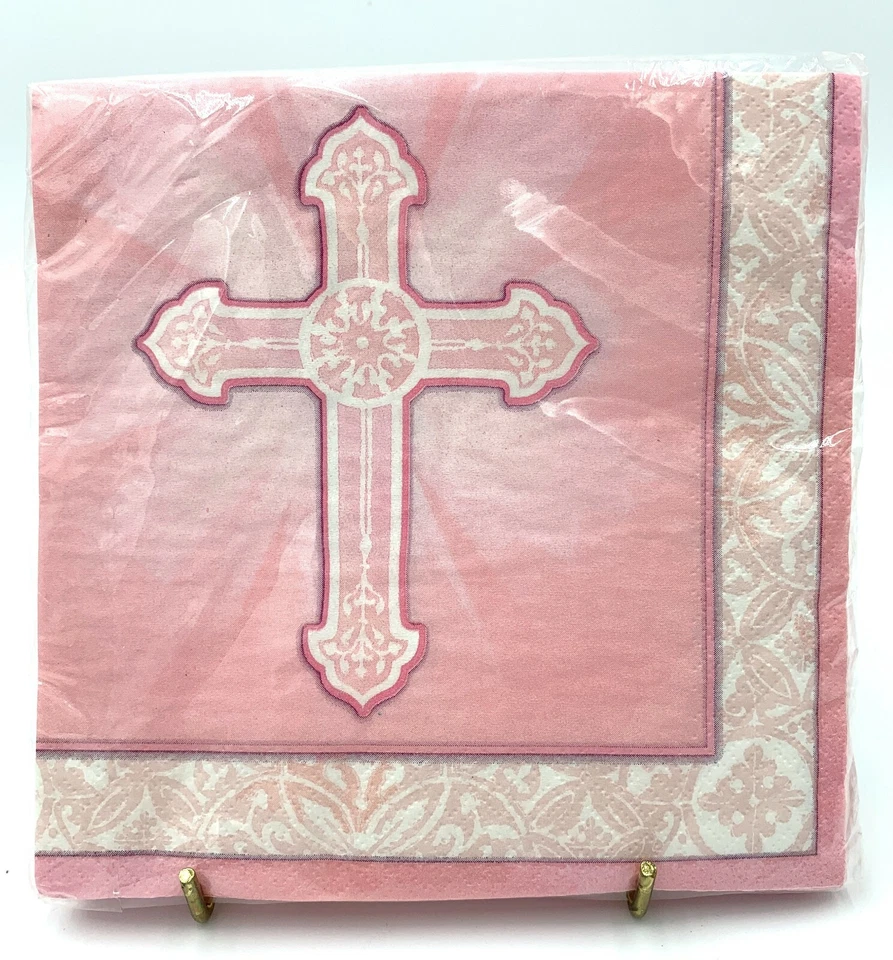 16 Count Luncheon Napkins Radiant Cross Pink Baptism 1st Communion Confirmation - Image 1 of 2