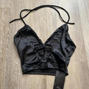 SHEIN SXY Lace-Up Silk Halter Top, Size L, Black - Picture 1 of 4