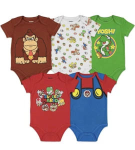 Super Mario Nintendo Yoshi DK Baby Short Sleeve Bodysuit 5 Pack Set Sz 6-9 M NEW - Picture 1 of 19