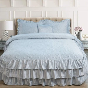 Serenta 4 Piece Matte Satin Ruffle Quilted Bedspread Set 24" Drop Ruffled Style - Picture 1 of 43