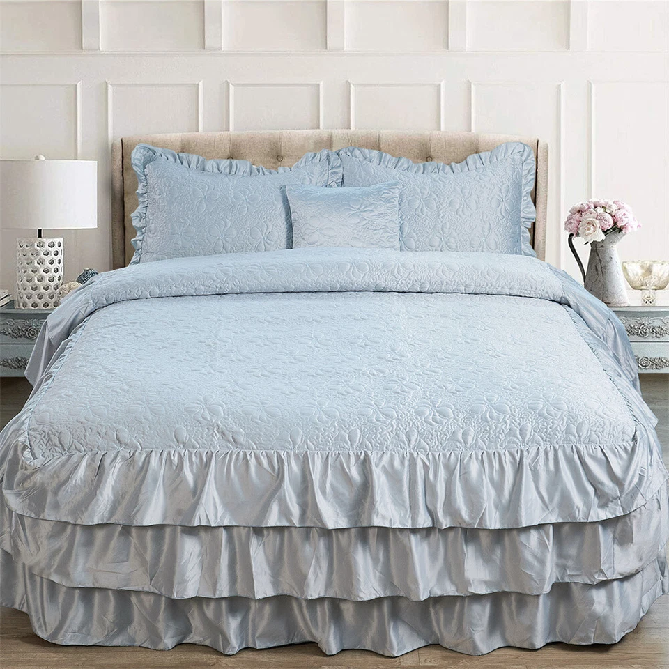 Lux 4Piece Matte Satin Bedding Set Reversible Ruffle Quilted Coverlet Queen/King - Image 1 of 4