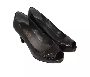 RUSSELL & BROMLEY Black Leather Snakeskin Effect Peep Toe Court Heels Ladies UK6 - Picture 1 of 8