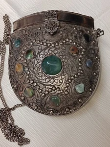 Vintage Schmuck Geldbörse Silber Metall Geldbörse Samt gefüttert Renaissance Geldbörse 18" Kette - Bild 1 von 8