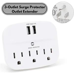 3-Outlet Surge Protector Outlet with 2 USB Wall Charger, Adapter Plug Extender - Afbeelding 1 van 5