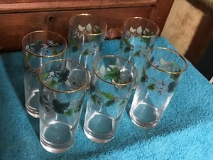 Vasos de vidrio vintage con acebo, hiedra, banda de bayas de enebro y borde dorado (6 disponibles) - Imagen 1 de 7