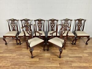 Maitland Smith Mahogany Chippendale Dining Chairs w/ Brass Accents- Set Of 8