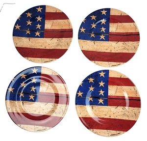 4 Warren Kimble Patriotic American Flag 8.5 in Plates Melamine Rustic Primitive - Picture 1 of 15
