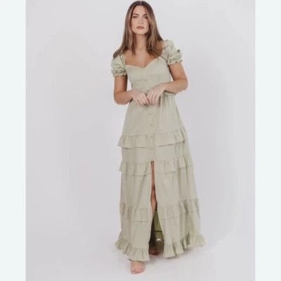 Vestido maxi pistache EB lux Los Angeles babado em camadas tamanho M - Imagem 1 de 4