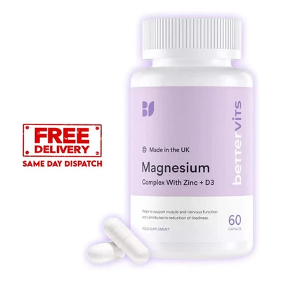 BRANDED Bettervits Magnesium Glycinate Complex Citrate, Zinc & Vitamin-D3 60 Caps UK