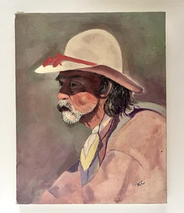 Vintage - Western Old Timer Cowboy Painting Portrait On Canvas - 14" x 11" - Picture 1 of 10