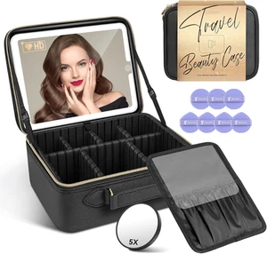 Makeup Bag with LED Mirror larg Storage Box Organizer Cosmetic Travel Beauty Bag - Picture 1 of 8