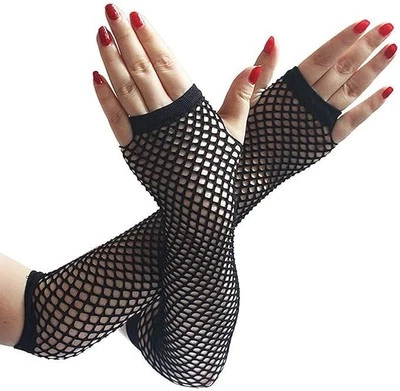 Extra Long Black Fishnet Fingerless Gloves - Fancy Dress 80's Gloves Diva Women - Image 1 of 3