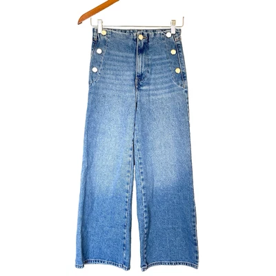 Pantalones de mezclilla marineros marinos Zara para mujer talla 0 azul pierna ancha cintura alta botones bolsillos Foto 1 de 4