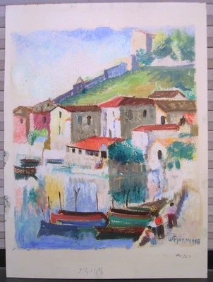 Mid 20th c Oil Painting Spanish Harbor Boats Vincenzo Fioravanti - Image 1 of 4