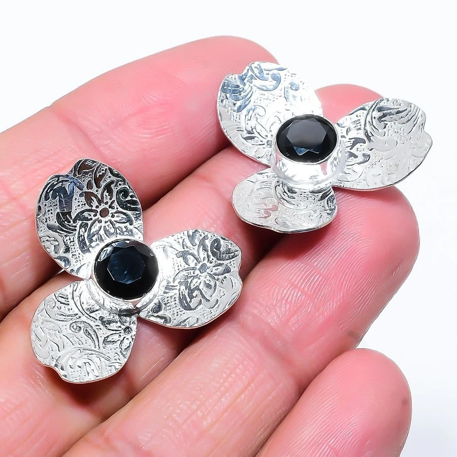 Black Spinel Gemstone 925 Sterling Silver Jewelry Stud Earring Size 1.5" - Image 1 of 1
