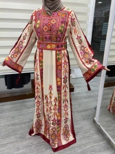 Luxus Elegant Biege Bestickt Tatreez Palästinensisch Malaka Thobe Kleid Gr. L - Bild 1 von 3
