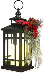 Metal Christmas Decorative Candle Lantern with Led Light,Red Plaid Ribbon,Lighte - Picture 1 of 7