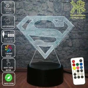 SUPERMAN LOGO MAN OF STEEL 3D LED Battery USB Night Light 7 Colour Changing Lamp - Picture 1 of 8