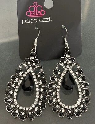 Paparazzi Jewelry Large Teardrop Black Earrings Rhinestones NEW - Image 1 of 3