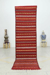 Handmade Vintage Rag Rug Runner Moroccan Multicolor Berber HandWoven Wool 2x8 Ft - Picture 1 of 9