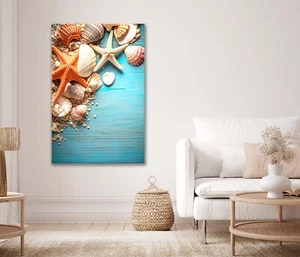 Sea Shells and Starfish, Rustic Table Canvas Unframed or Poster Print Wall Art - Bild 1 von 3