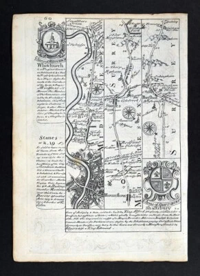 Mapa de ruta Ogilby Bowen 1720 Londres Kensington Brentford Middlesex Surrey Inglaterra Foto 1 de 4