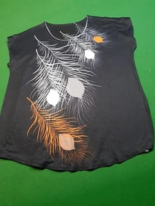 Women Designer Fashion Cap Sleeve Top Shirt Flattering Fit Black Feather Size M - Picture 1 of 2