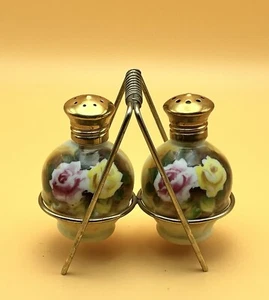 Enesco Japan Hand Painted Floral Salt Pepper Shakers With Stand Vintage Ceramic - Picture 1 of 13