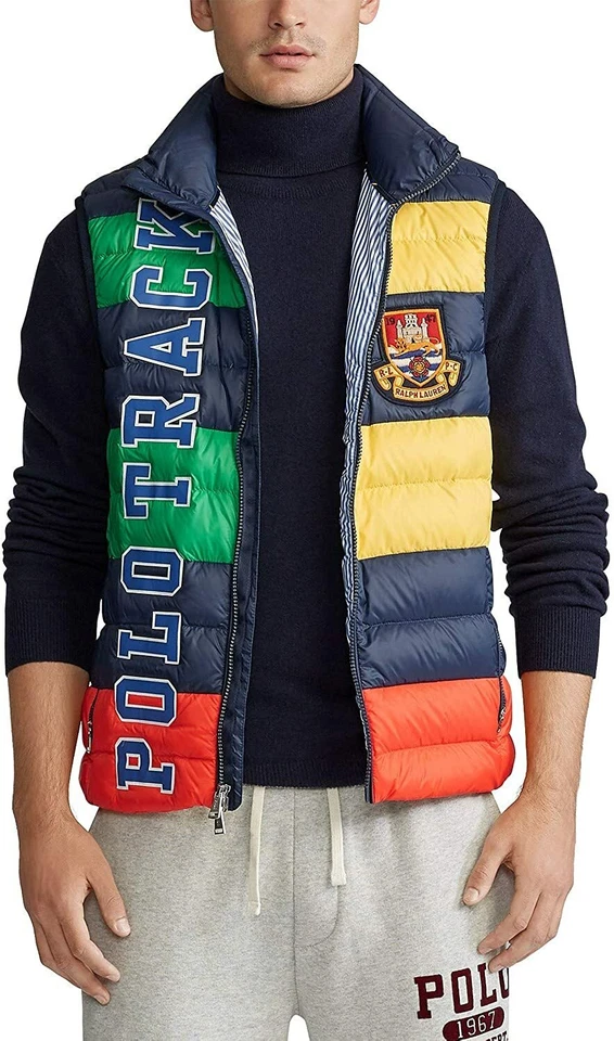 Polo Ralph Lauren Down Vest Puffer Track Mens Sz L Retail Bear Crest 92