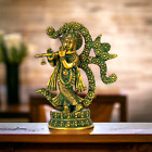 8" Handmade Brass Fluting Krishna Figurine Statue Against the Backdrop of Om