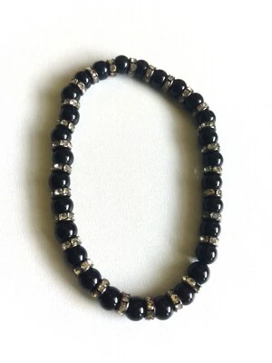 Pulseira masculina moderna 8"L strass 6mm ônix preto pedra preciosa frisada - Imagem 1 de 2