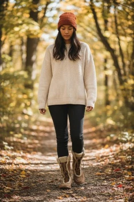 Hush Puppies Womens Tall Lounge Wear Slippers Tan Leather Suede Fur Lace Boot - Image 1 of 4