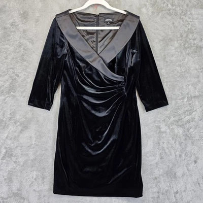 Vestido Tahari Arthur S Levine para mujer 10 negro terciopelo satinado ribete hasta la rodilla fiesta Foto 1 de 4