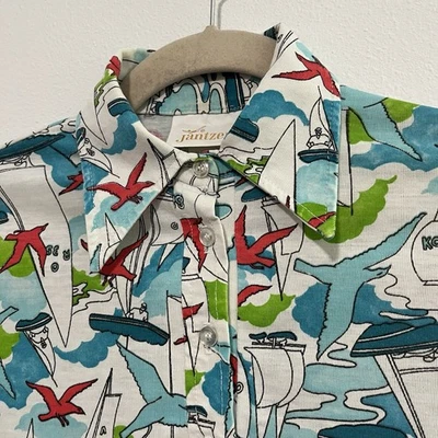 Vintage 60s 70s Jantzen Polo Shirt Novelty Print Abstract Medium M Dagger Collar - Image 1 of 4