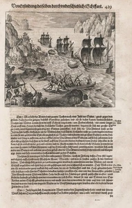 Taino people Caribbean Karibik Spaniards battle engraving Gottfried Merian 1631 - Picture 1 of 1