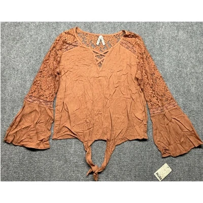 Blusa Mudd Feminina Top Feminina Média Marrom Renda Manga Longa Amarrar Frente Nova - Imagem 1 de 4