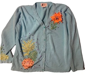 Vintage Womens 90s Sequin Floral Embroidered Cardigan XL Wearable Art J Two NY - Picture 1 of 10