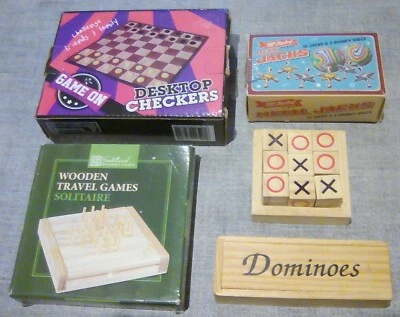 5x Mini Travel Games: Noughts and Crosses-Dominoes-Jacks-Checkers - Solitaire - Image 1 of 4