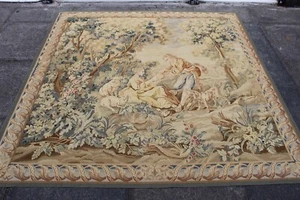 Vintage Hecho a Mano Francés Diseño Original Lana Verde Aubusson Tapiz 186x180cm - Picture 1 of 19
