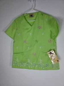 Black Star womens size XS scrub top extra small green flowers vine - Picture 1 of 3