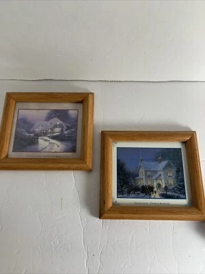 2 Vtg Miniature Thomas Kinkade Prints Christmas Cottage + 1 Oak Frames Set 6x7” - Image 1 of 4