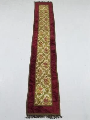 Vintage French Floral Velvet Table Runner with Maroon Border & Fringe 74x13 in - Image 1 of 4