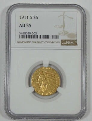 1911-S GOLD Indian Head $5 Half Eagle CERTIFIED NGC AU 55 - Image 1 of 4