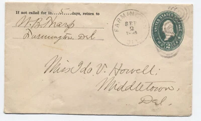 1896 Farmington DE 2ct green stamped envelope [s.4791] - Image 1 of 2